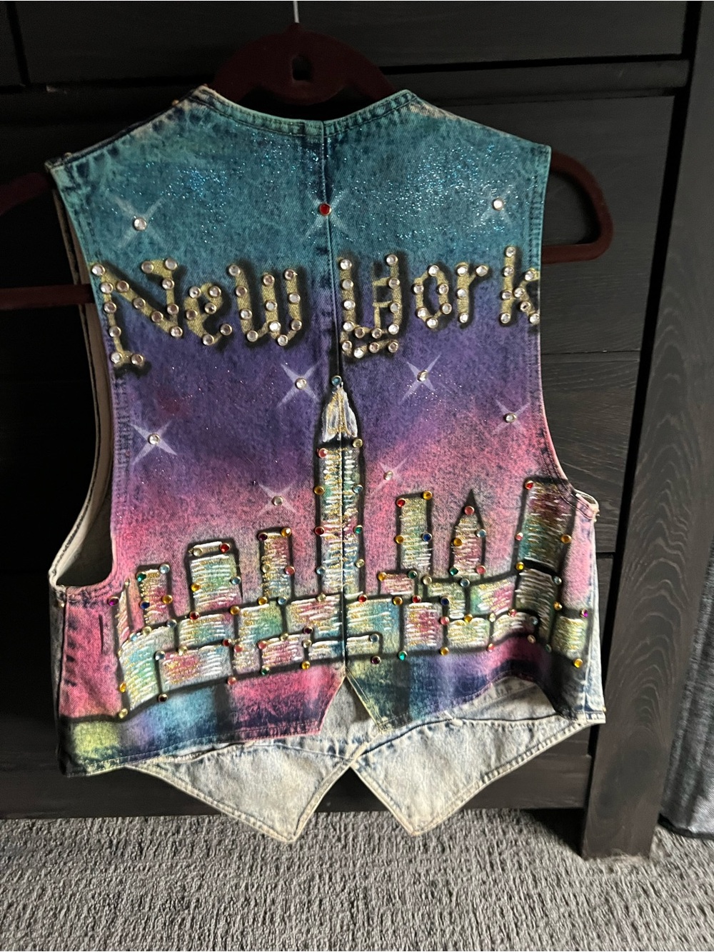 Studded -Wash Denim Vest with Red Apple Patch NY